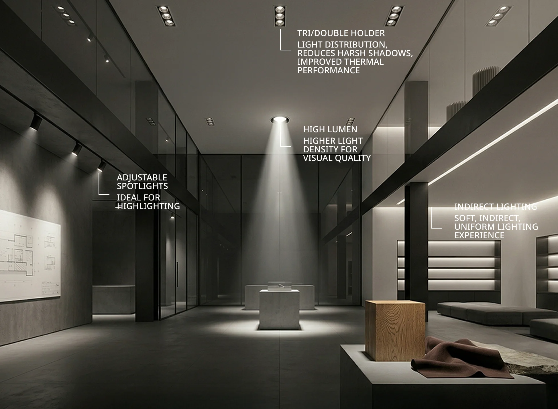 Lighting design showcasing beam control and ambiance
